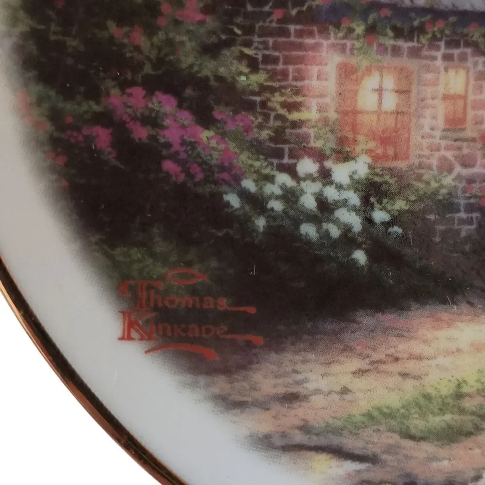 Thomas Kinkade Moonlight Cottage Tea Cup Saucer‎ Vase Teleflora Gold Trim Set